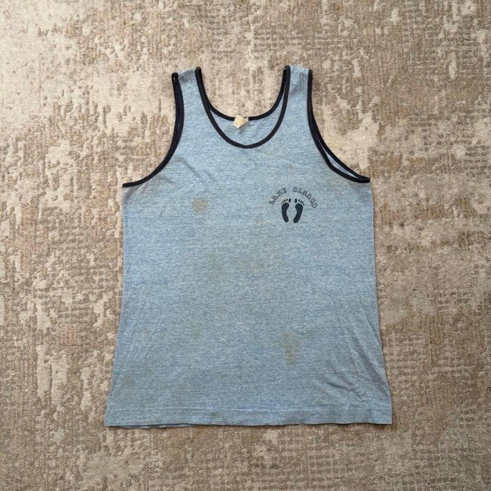 Vintage 80s Lake Sebago New York Light Blue Adult XL Athletic Tank Top
